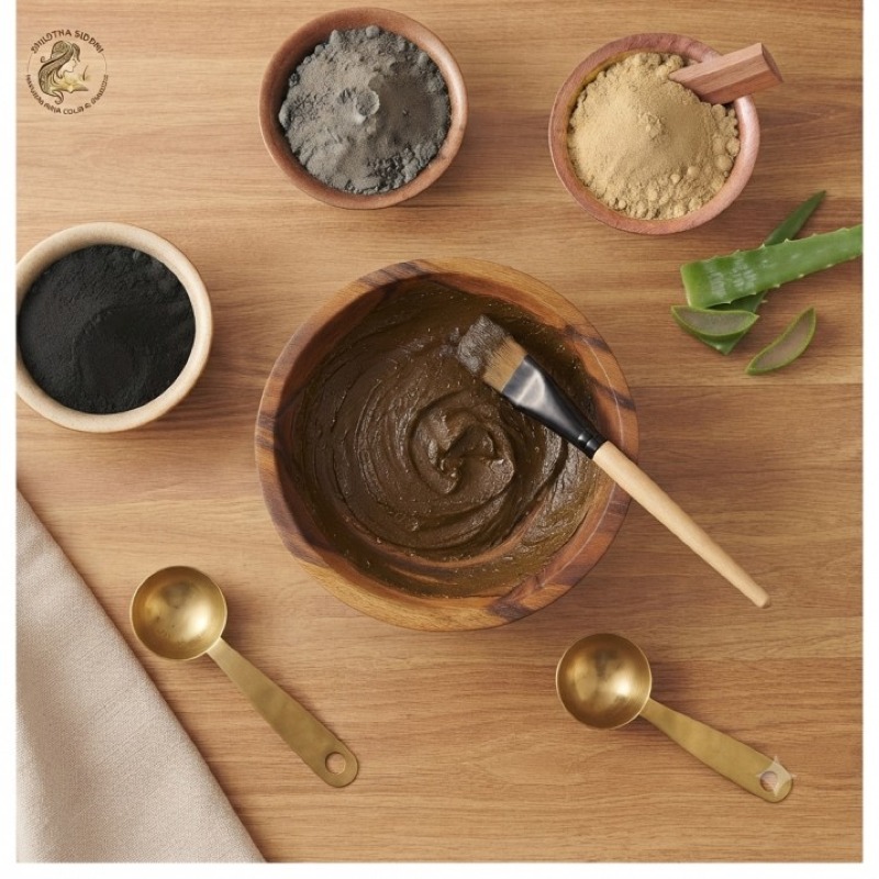 Shastra Siddhi Natural Hair Colour - Activated Charcoal, Pure Gomaya (Cow Dung), Chandan (Sandalwood), Black Mehndi Leaves, Onion Oil and Natural Aloe Vera 