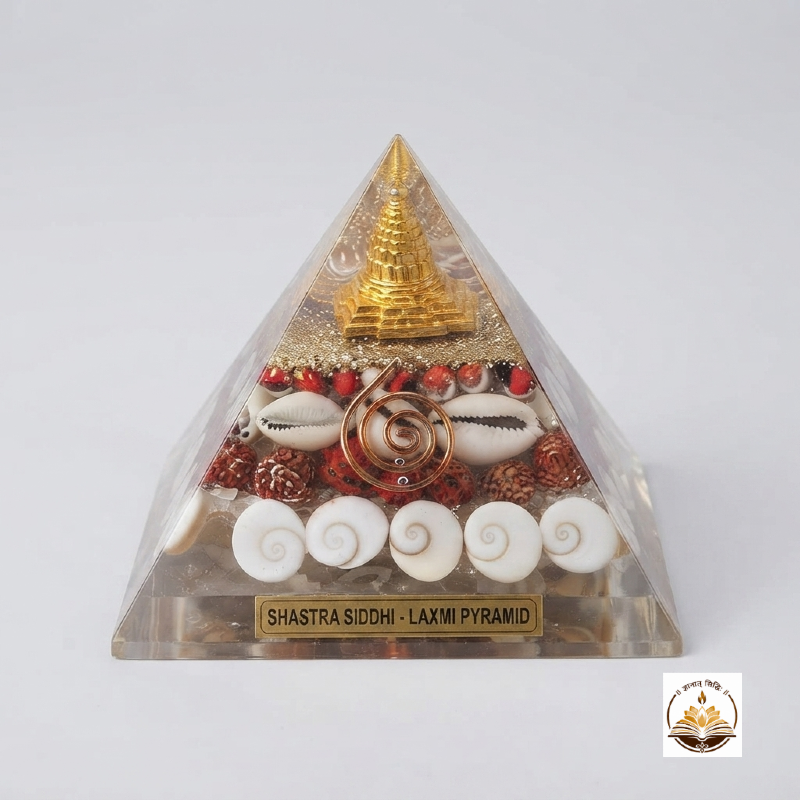 Shastra Siddhi Original Crystal Laxmi Pyramid with Shree Yantra, Rudraksha, Gomati Chakra, White Kauri, and Ratti Seeds for Vastu, Money, Wealth, Good Luck, and Prosperity