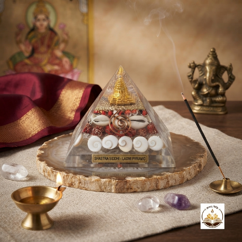 Shastra Siddhi Original Crystal Laxmi Pyramid with Shree Yantra, Rudraksha, Gomati Chakra, White Kauri, and Ratti Seeds for Vastu, Money, Wealth, Good Luck, and Prosperity