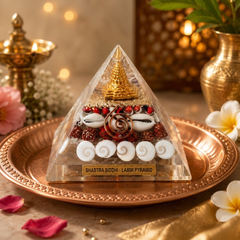 Shastra Siddhi Original Crystal Laxmi Pyramid with Shree Yantra, Rudraksha, Gomati Chakra, White Kauri, and Ratti Seeds for Vastu, Money, Wealth, Good Luck, and Prosperity