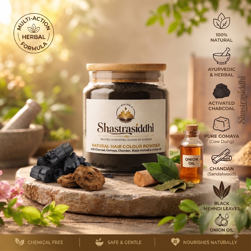 Shastra Siddhi Natural Hair Colour - Activated Charcoal, Pure Gomaya (Cow Dung), Chandan (Sandalwood), Black Mehndi Leaves, Onion Oil and Natural Aloe Vera 